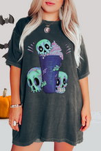 Load image into Gallery viewer, Halloween or Fall Comfort Colors® Funny Coffee Latte Skulls Design T-Shirt, Women&#39;s Purple and Green Design T-Shirt
