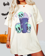 Load image into Gallery viewer, Halloween or Fall Comfort Colors® Funny Coffee Latte Skulls Design T-Shirt, Women&#39;s Purple and Green Design T-Shirt
