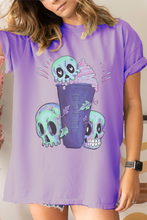 Load image into Gallery viewer, Halloween or Fall Comfort Colors® Funny Coffee Latte Skulls Design T-Shirt, Women&#39;s Purple and Green Design T-Shirt
