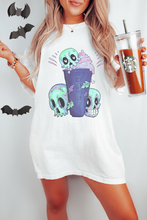 Load image into Gallery viewer, Halloween or Fall Comfort Colors® Funny Coffee Latte Skulls Design T-Shirt, Women&#39;s Purple and Green Design T-Shirt
