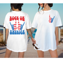 Load image into Gallery viewer, Rock On America Crewneck Sweatshirt or T-Shirt Women&#39;s Fourth of July Front and Back Design
