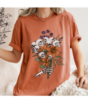 Load image into Gallery viewer, Halloween Skeletons Retro Flower Bouquet Comfort Colors® T-Shirt Women&#39;s Fall Halloween Colors T-Shirt
