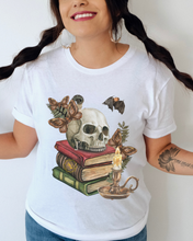 Load image into Gallery viewer, Spooky Spell Books shirt, Halloween Book Lover t-shirt, Skull Halloween t-shirt, Scary books shirt, Halloween book, Creepy Bats
