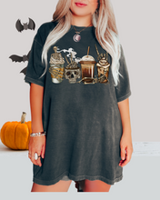 Load image into Gallery viewer, Pumpkin Spice Coffee Halloween Spooky Season Comfort Colors® Halloween T-Shirt, Women&#39;s Skeletons and Skulls T-Shirt
