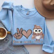 Load image into Gallery viewer, Women's Crewneck Sweatshirt, Snow Day Pullover, Comfy &amp; Cozy, Winter Owl Sweatshirt, Ash, White, Sand or Navy Sweatshirt, Peace Love Snow Day
