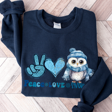 Load image into Gallery viewer, Women's Crewneck Sweatshirt, Snow Day Pullover, Comfy &amp; Cozy, Winter Owl Sweatshirt, Ash, White, Sand or Navy Sweatshirt, Peace Love Snow Day
