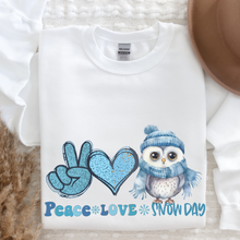 Load image into Gallery viewer, Women's Crewneck Sweatshirt, Snow Day Pullover, Comfy &amp; Cozy, Winter Owl Sweatshirt, Ash, White, Sand or Navy Sweatshirt, Peace Love Snow Day
