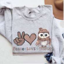 Load image into Gallery viewer, Women's Crewneck Sweatshirt, Snow Day Pullover, Comfy &amp; Cozy, Winter Owl Sweatshirt, Ash, White, Sand or Navy Sweatshirt, Peace Love Snow Day
