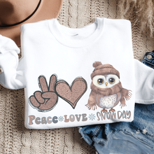 Load image into Gallery viewer, Women's Crewneck Sweatshirt, Snow Day Pullover, Comfy &amp; Cozy, Winter Owl Sweatshirt, Ash, White, Sand or Navy Sweatshirt, Peace Love Snow Day
