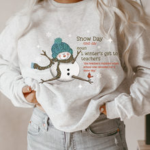 Load image into Gallery viewer, Women's Crewneck Sweatshirt, Snow Day Pullover, Comfy &amp; Cozy, Snowman Gildan Sweatshirt, Ash, White or Sand Sweatshirt, Teacher's Pullover
