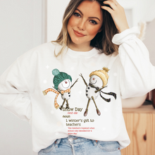 Load image into Gallery viewer, Women's Crewneck Sweatshirt, Snow Day Pullover, Comfy &amp; Cozy, Snowman Gildan Sweatshirt, Ash, White or Sand Sweatshirt, Teacher's Pullover

