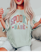 Load image into Gallery viewer, Spooky Babe Halloween or Fall Comfort Colors® Halloween T-Shirt, Women&#39;s Varsity Letters T-Shirt
