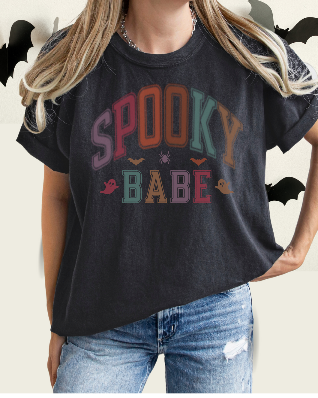 Spooky Babe Halloween or Fall Comfort Colors® Halloween T-Shirt, Women's Varsity Letters T-Shirt