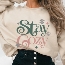 Load image into Gallery viewer, Stay Cozy Winter Women&#39;s Sweatshirt, Comfy &amp; Cozy, Gildan Sweatshirt, Ash, White, Sand, Pink or Black Crewneck Sweatshirt
