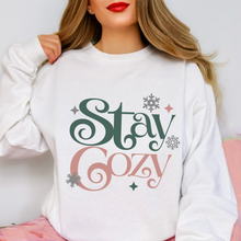 Load image into Gallery viewer, Stay Cozy Winter Women&#39;s Sweatshirt, Comfy &amp; Cozy, Gildan Sweatshirt, Ash, White, Sand, Pink or Black Crewneck Sweatshirt
