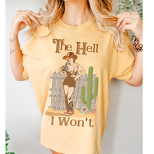 Load image into Gallery viewer, The Hell I Won't Comfort Colors® T-Shirt, T-Shirt Dress, Retro Cowgirl and Gun Graphic Design Tee, Oversized print, Western T-Shirt
