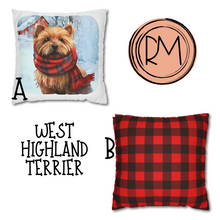 Load image into Gallery viewer, Christmas Pillow Cover, West Highland Terrier, Square Pillow Cover, Terrier in a Tartan Scarf, Holiday Pillow Cover, Holiday Decor Pillow Cover
