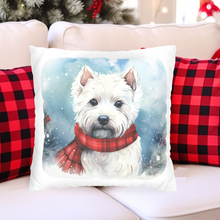 Load image into Gallery viewer, Christmas Pillow Cover, West Highland Terrier, Square Pillow Cover, Terrier in a Tartan Scarf, Holiday Pillow Cover, Holiday Decor Pillow Cover
