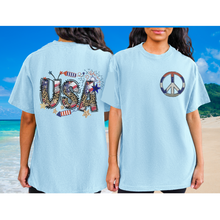 Load image into Gallery viewer, USA Red White Blue Peace Sign 4th of July Comfort Colors® T-Shirt, Front and Back Design T-Shirt Dress, 1970&#39;s Hippie Groovy Tee
