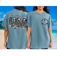 Load image into Gallery viewer, USA Red White Blue Peace Sign 4th of July Comfort Colors® T-Shirt, Front and Back Design T-Shirt Dress, 1970&#39;s Hippie Groovy Tee
