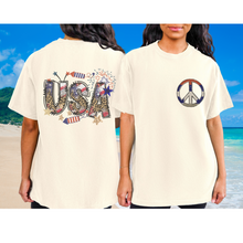 Load image into Gallery viewer, USA Red White Blue Peace Sign 4th of July Comfort Colors® T-Shirt, Front and Back Design T-Shirt Dress, 1970&#39;s Hippie Groovy Tee
