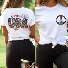 Load image into Gallery viewer, USA Red White Blue Peace Sign 4th of July Comfort Colors® T-Shirt, Front and Back Design T-Shirt Dress, 1970&#39;s Hippie Groovy Tee
