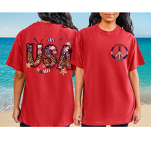 Load image into Gallery viewer, USA Red White Blue Peace Sign 4th of July Comfort Colors® T-Shirt, Front and Back Design T-Shirt Dress, 1970&#39;s Hippie Groovy Tee
