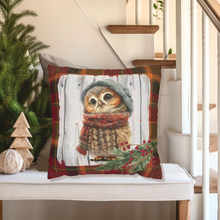 Load image into Gallery viewer, Christmas Pillow Cover, Winter Watercolor Owl Pillow Cover, Rustic Christmas, Holiday Porch Decor, Farmhouse Decor Pillow
