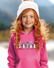 Load image into Gallery viewer, Kids or Youth Christmas Hooded Sweatshirt, Waddling In A Winter Wonderland Hoodie, Cozy, Warm Sweatshirt, Pastel Penguins on a cute hoodie
