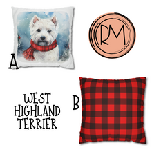 Load image into Gallery viewer, Christmas Pillow Cover, West Highland Terrier, Square Pillow Cover, Terrier in a Tartan Scarf, Holiday Pillow Cover, Holiday Decor Pillow Cover
