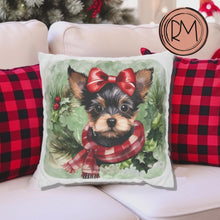 Load and play video in Gallery viewer, Christmas Pillow Cover, Yorkshire Terrier Pillow Cover, Yorkie in a Christmas Scarf, Holiday Pillow Cover, Holiday Decor Pillow Cover
