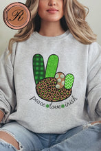 Load and play video in Gallery viewer, Women&#39;s Sweatshirt, St. Patrick&#39;s Day Sweatshirt, Irish Crewneck, Peace Love Irish, St Patrick&#39;s Day Shirt, Irish Peace Sign Pullover
