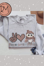 Load and play video in Gallery viewer, Women's Crewneck Sweatshirt, Snow Day Pullover, Comfy &amp; Cozy, Winter Owl Sweatshirt, Ash, White, Sand or Navy Sweatshirt, Peace Love Snow Day
