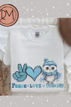 Load and play video in Gallery viewer, Women's Crewneck Sweatshirt, Snow Day Pullover, Comfy &amp; Cozy, Winter Owl Sweatshirt, Ash, White, Sand or Navy Sweatshirt, Peace Love Snow Day
