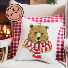 Load and play video in Gallery viewer, Christmas Pillow Cover, Winter Bear Pillow Cover, Christmas Scarf, Holiday Pillow Cover, Holiday Decor Pillow Cover
