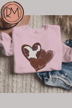 Load and play video in Gallery viewer, Women&#39;s Valentine&#39;s Rustic Western Cowhide Hearts Crewneck Sweatshirt Unisex Cozy Gildan Valentine&#39;s Day Pullover or T-Shirt
