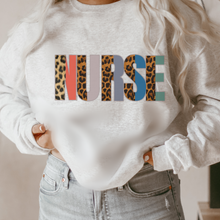 Load image into Gallery viewer, Nurse Sweatshirt, Nurse Shirts, Graduation Gift, Nursing School, Nurses Week Appreciation, RN, Unisex Crewneck Sweatshirt Leopard Letters
