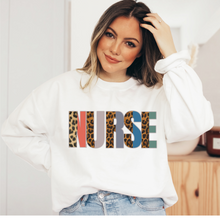 Load image into Gallery viewer, Nurse Sweatshirt, Nurse Shirts, Graduation Gift, Nursing School, Nurses Week Appreciation, RN, Unisex Crewneck Sweatshirt Leopard Letters
