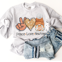 Load image into Gallery viewer, Peace Love New Year Winter Gnome Crewneck Sweatshirt Women&#39;s Soft, Cozy Pullover in Ash or White Cute Vintage Retro Winter Design
