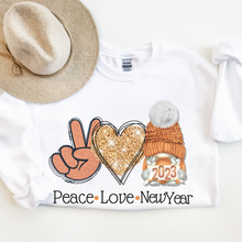 Load image into Gallery viewer, Peace Love New Year Winter Gnome Crewneck Sweatshirt Women&#39;s Soft, Cozy Pullover in Ash or White Cute Vintage Retro Winter Design
