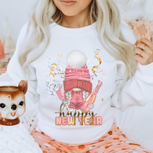 Load image into Gallery viewer, New Year&#39;s Sweatshirt or Tee, Women&#39;s Happy New Year Unisex Size Pink Glittery Gnome Champagne Pullover, Cute Gnome Holiday Shirt
