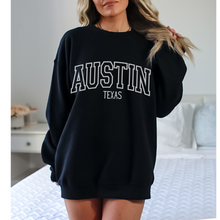 Load image into Gallery viewer, Austin Texas Crewneck Sweatshirt, Varsity Design, Texas Pullover, Trendy, Oversize Varsity Letters Pullover
