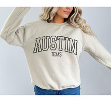 Load image into Gallery viewer, Austin Texas Crewneck Sweatshirt, Varsity Design, Texas Pullover, Trendy, Oversize Varsity Letters Pullover
