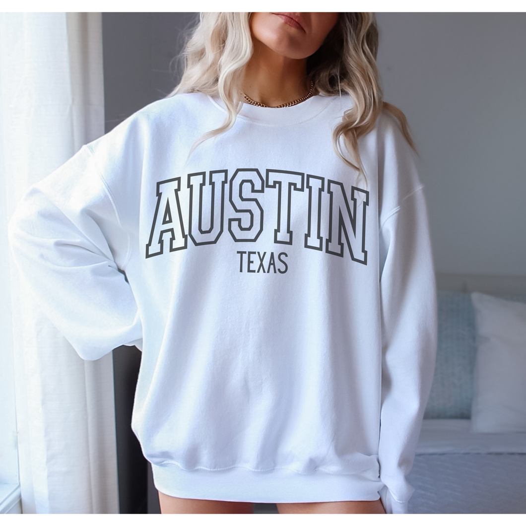 Austin Texas Crewneck Sweatshirt, Varsity Design, Texas Pullover, Trendy, Oversize Varsity Letters Pullover