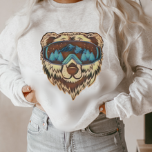 Load image into Gallery viewer, Ski Bear Women's Sweatshirt, Ash, White or Sand Fleece Crewneck Pullover Cozy Winter Sports Skiing Brown Bear in Ski Goggles Sweatshirts
