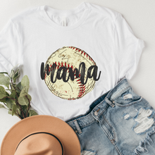 Load image into Gallery viewer, Women&#39;s Spring or Summer Baseball Mama Crewneck Sweatshirt or T-Shirt Hand-Drawn Watercolor Baseball Design Gift for Mom
