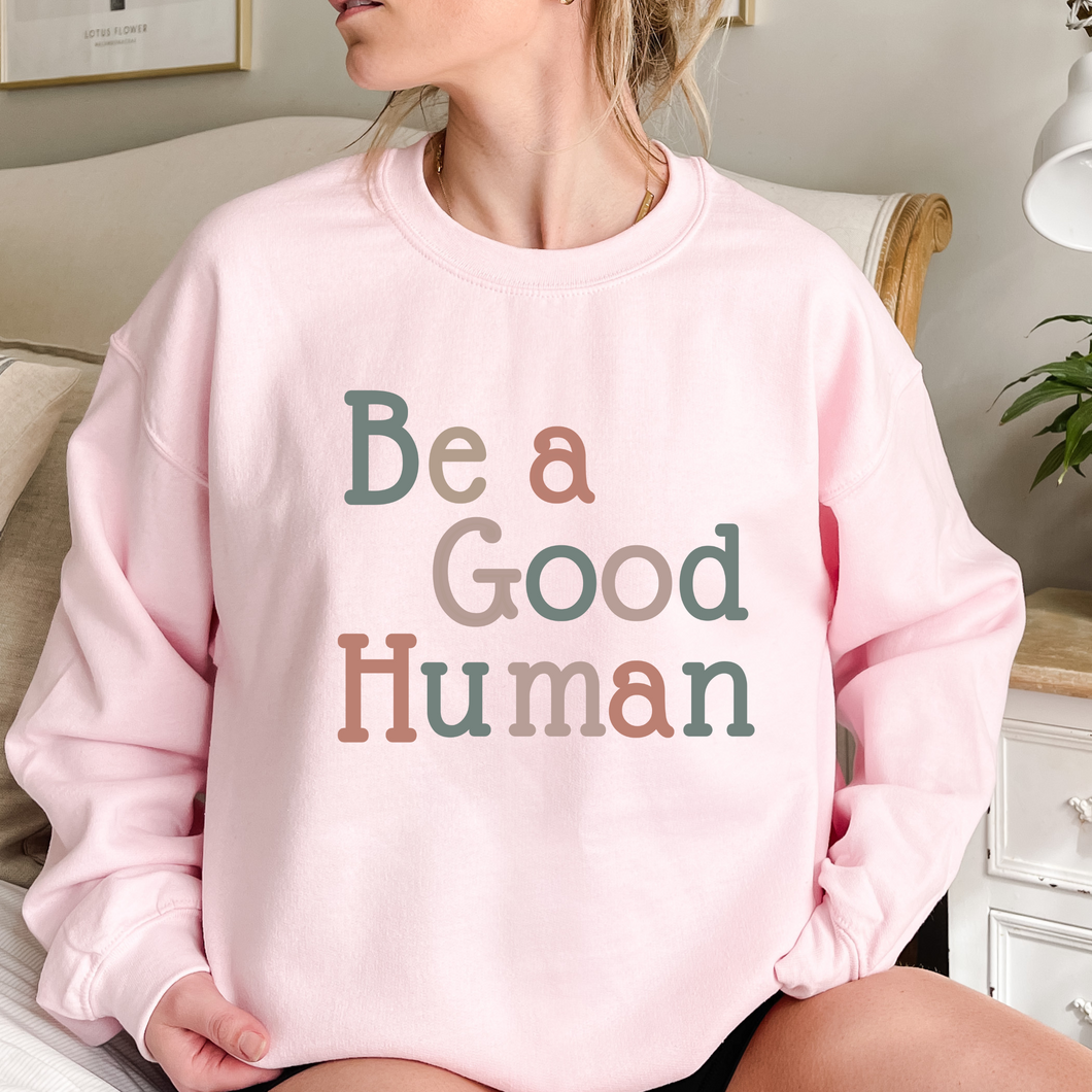 Be A Good Human T-Shirt in White or Pink Crewneck Sweatshirt Unisex Pastel Colors Spring Women's Trendy Pullover Gift for Valentines