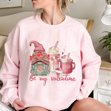 Load image into Gallery viewer, Be My Valentine Gnome and Coffee Valentine&#39;s Day T-Shirt in White or Pink T-Shirt or Crewneck Sweatshirt Valentine&#39;s Gift
