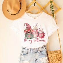 Load image into Gallery viewer, Be My Valentine Gnome and Coffee Valentine&#39;s Day T-Shirt in White or Pink T-Shirt or Crewneck Sweatshirt Valentine&#39;s Gift
