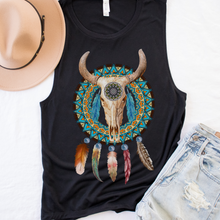 Load image into Gallery viewer, Trendy Desert Tank Summer Western Bull Skull and Dreamcatcher Tank Relaxed Bella Canvas Tank
